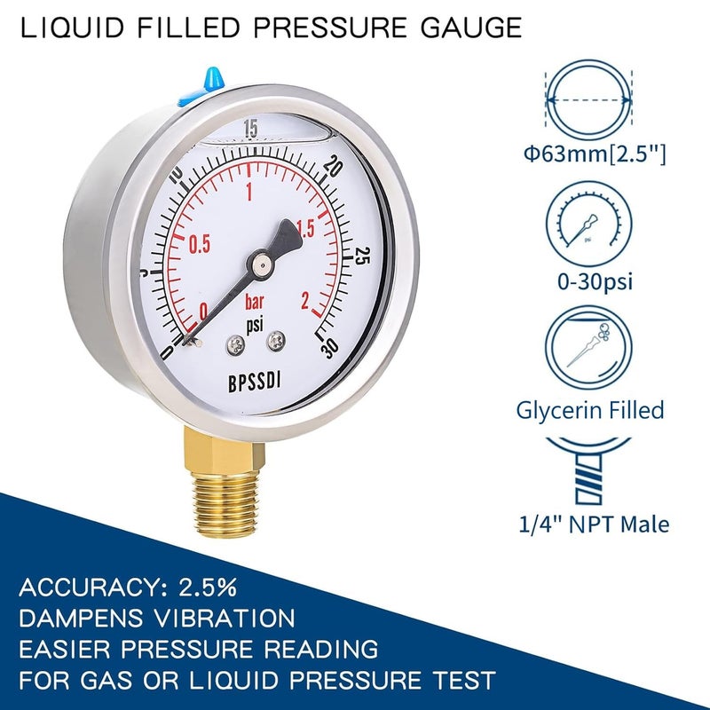 BPSSDI 0-30 Psi Glycerin Liquid Filled Low Pressure Gauge, 2.5" Dial Size, 1/4" NPT Lower Mount, 304 Stainless Steel Case, for Water Pipe, HVAC, Water Oil Air Pressure Test - Image 2